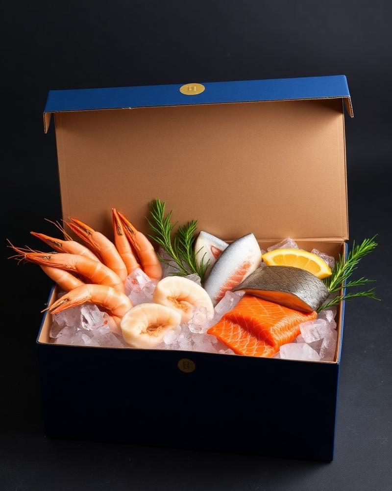 Naeemo's navy seafood subscription box packed with fresh seafood on ice