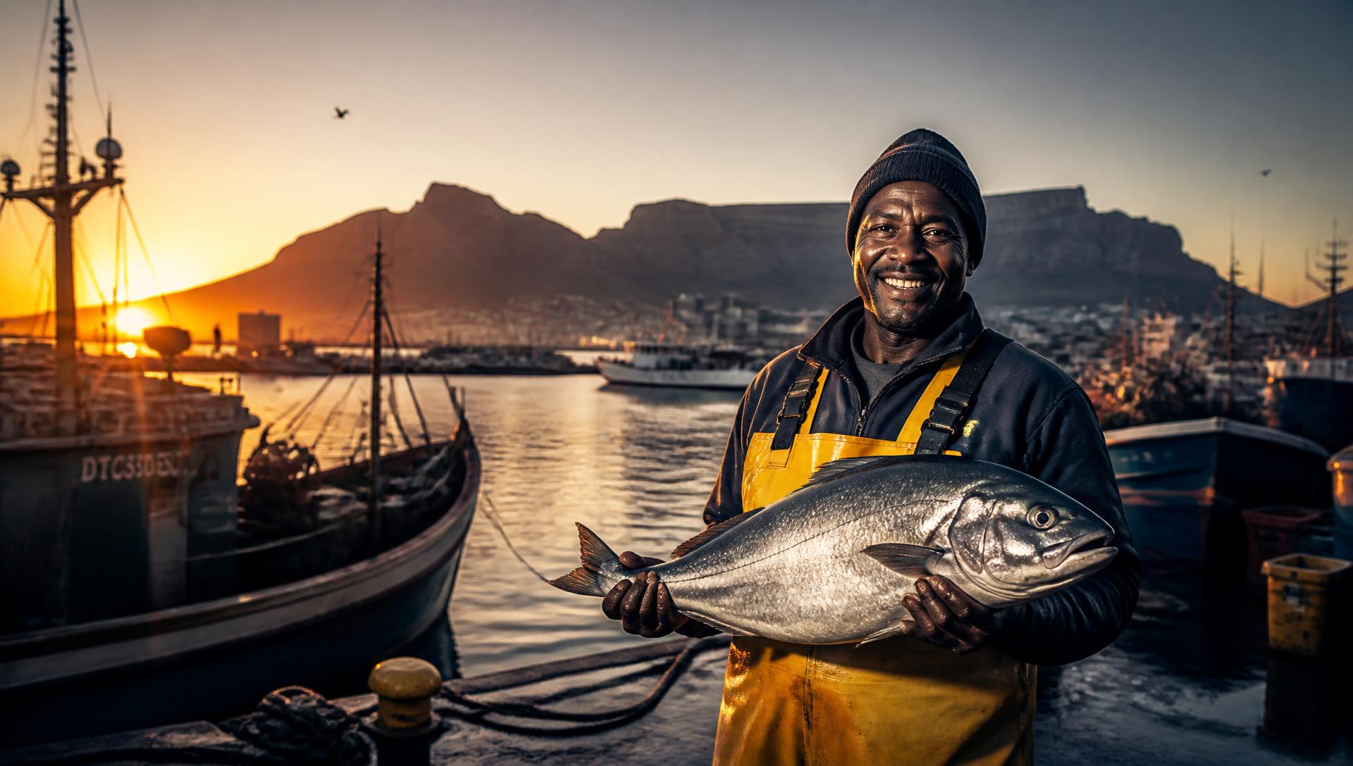 Fisherman at a Cape Town harbour at sunrise holding a freshly landed fish