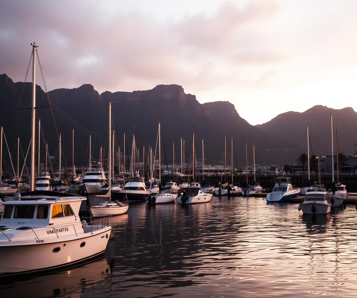 Cape Town fishing harbour at dusk with boats and a mountain backdrop
